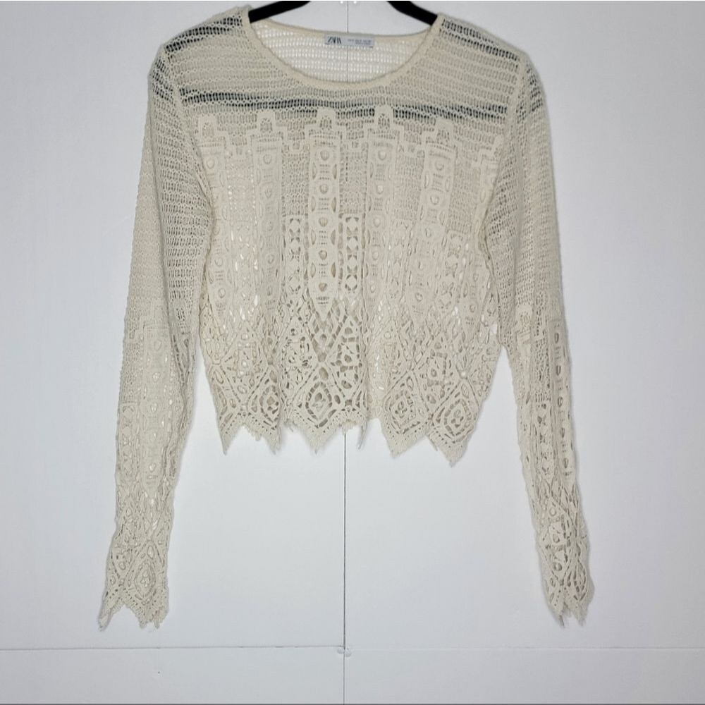 ZARA Cream Crochet Lace Boho Cropped Top 100% Cotton XS/S